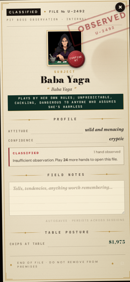 A character dossier — Baba Yaga's play style, attitude, tells, and your history against her