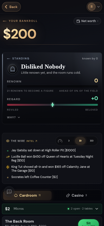 The Circuit lobby — your bankroll, reputation standing, and live table activity