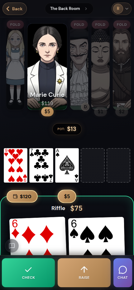 A live poker table against AI opponents Napoleon and Jim Cramer